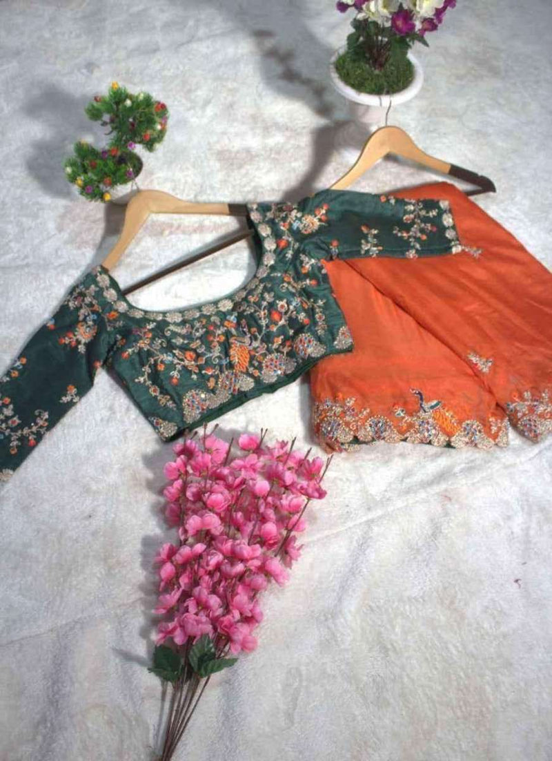 Nayoora Amber Bloom organza mirror saree set: green floral blouse and orange saree