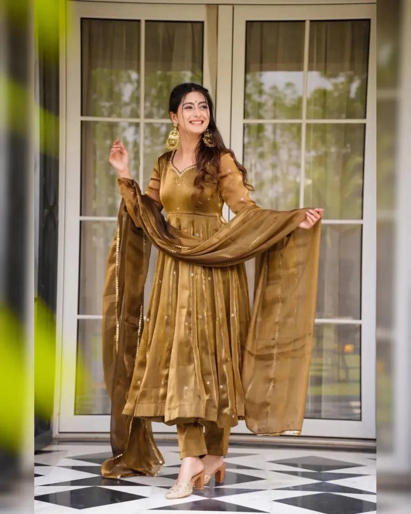 Antique bronze Anarkali suit set with embellished V-neck and flowing dupatta