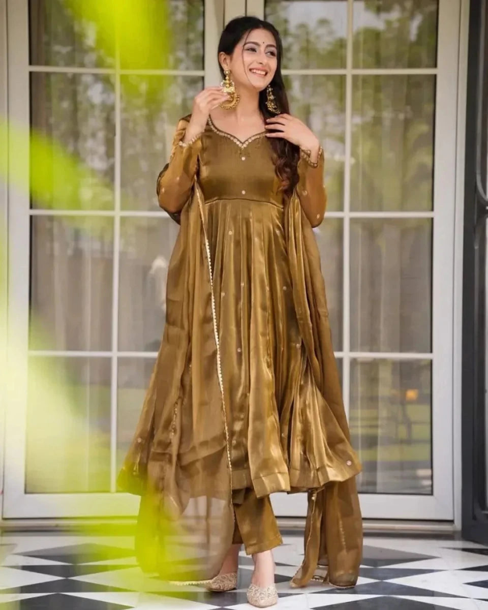 Nayoora Antique Bronze Thread Work Jimmy Choo Anarkali Suit Set - Nayoora