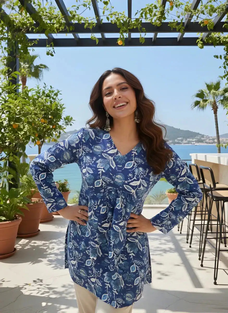 Nayoora Azure Artisanal Floral Rayon Tunic - Nayoora
