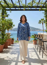 Nayoora floral rayon tunic in blue with long sleeves and round neckline, straight hem