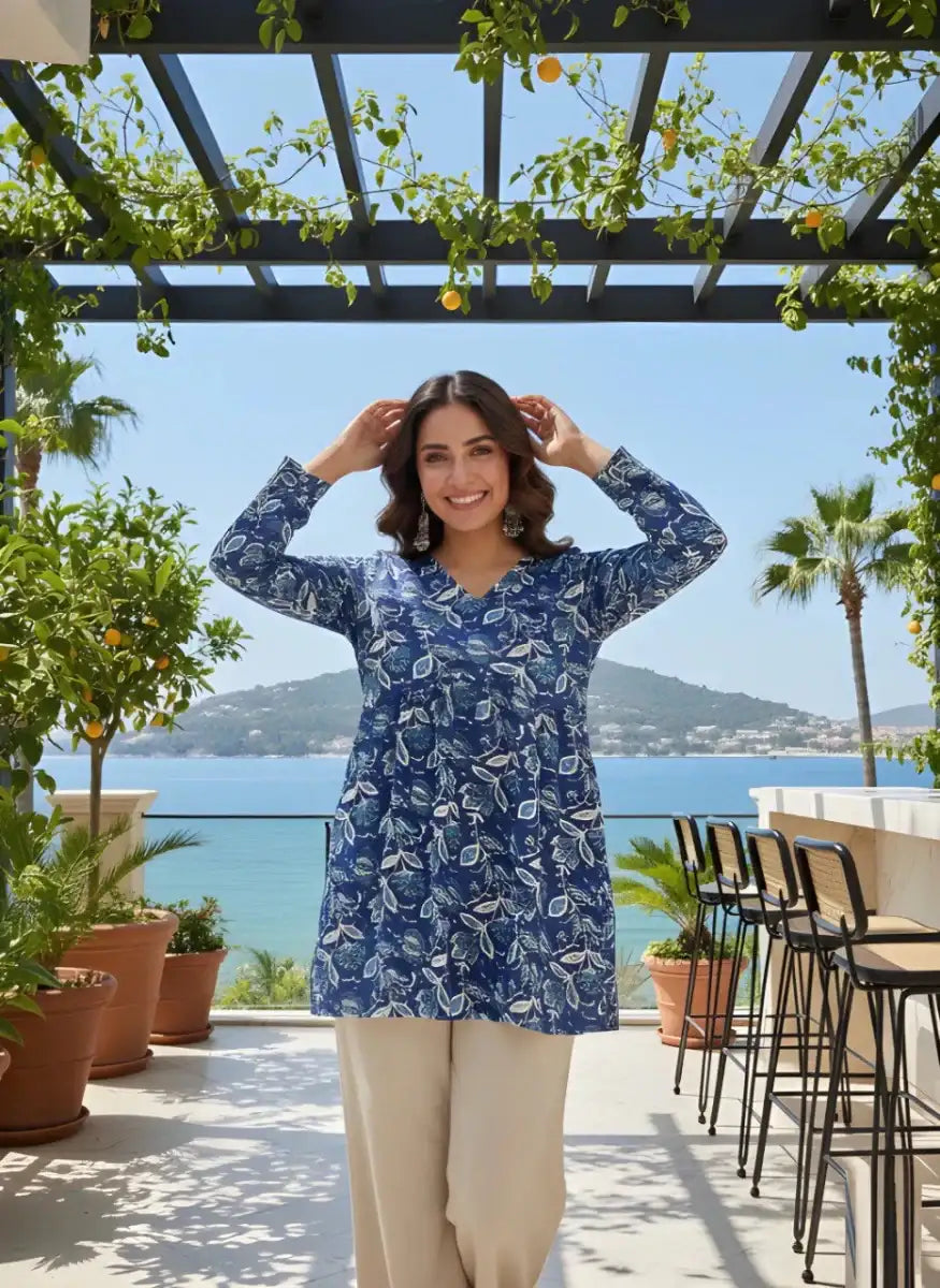 Nayoora Azure Artisanal Floral Rayon Tunic - Nayoora