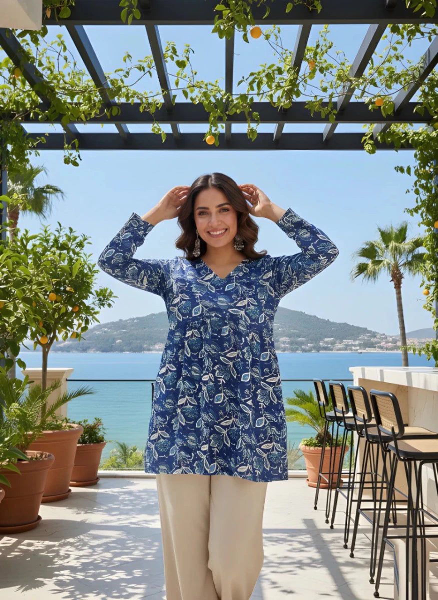 Nayoora Azure Artisanal Floral Rayon Tunic - Nayoora