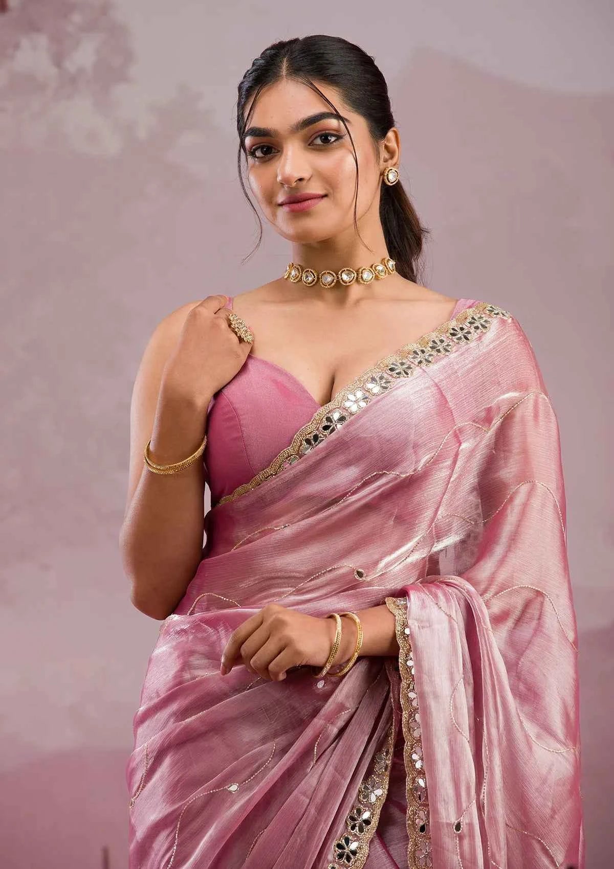 Nayoora Baby Pink Burberry Silk Saree – Real Mirror Work & Cutwork Border - Nayoora