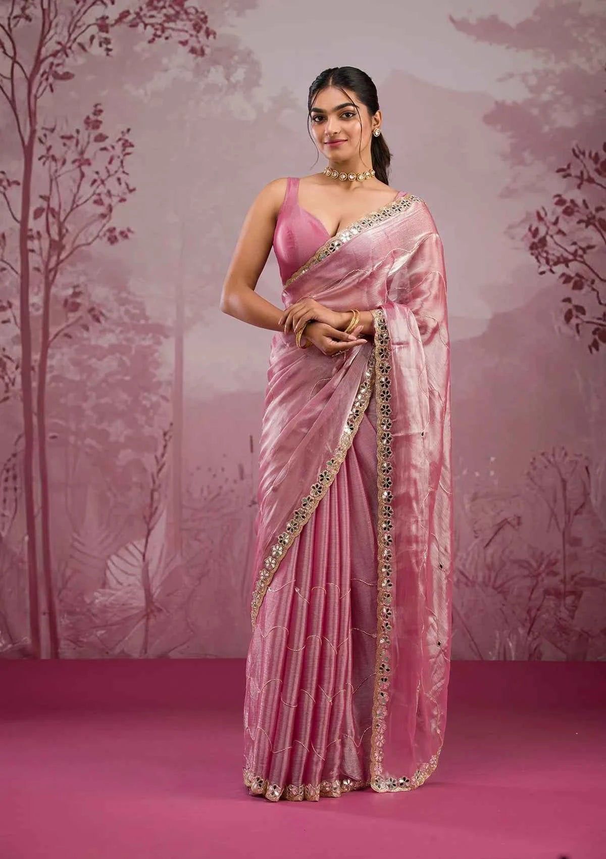 Nayoora Baby Pink Burberry Silk Saree – Real Mirror Work & Cutwork Border - Nayoora