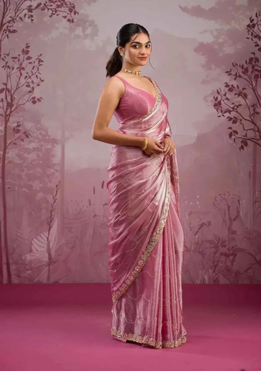 Nayoora Baby Pink Burberry Silk Saree – Real Mirror Work & Cutwork Border - Nayoora