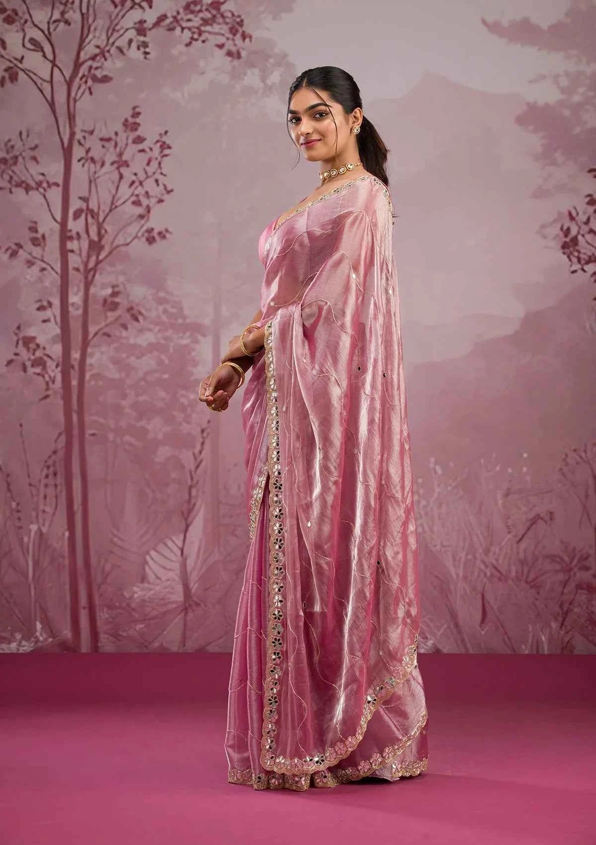 Nayoora Baby Pink Burberry Silk Saree – Real Mirror Work & Cutwork Border - Nayoora