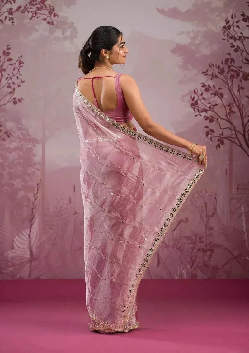 Baby pink silk saree, back drape with mirror-work border trim