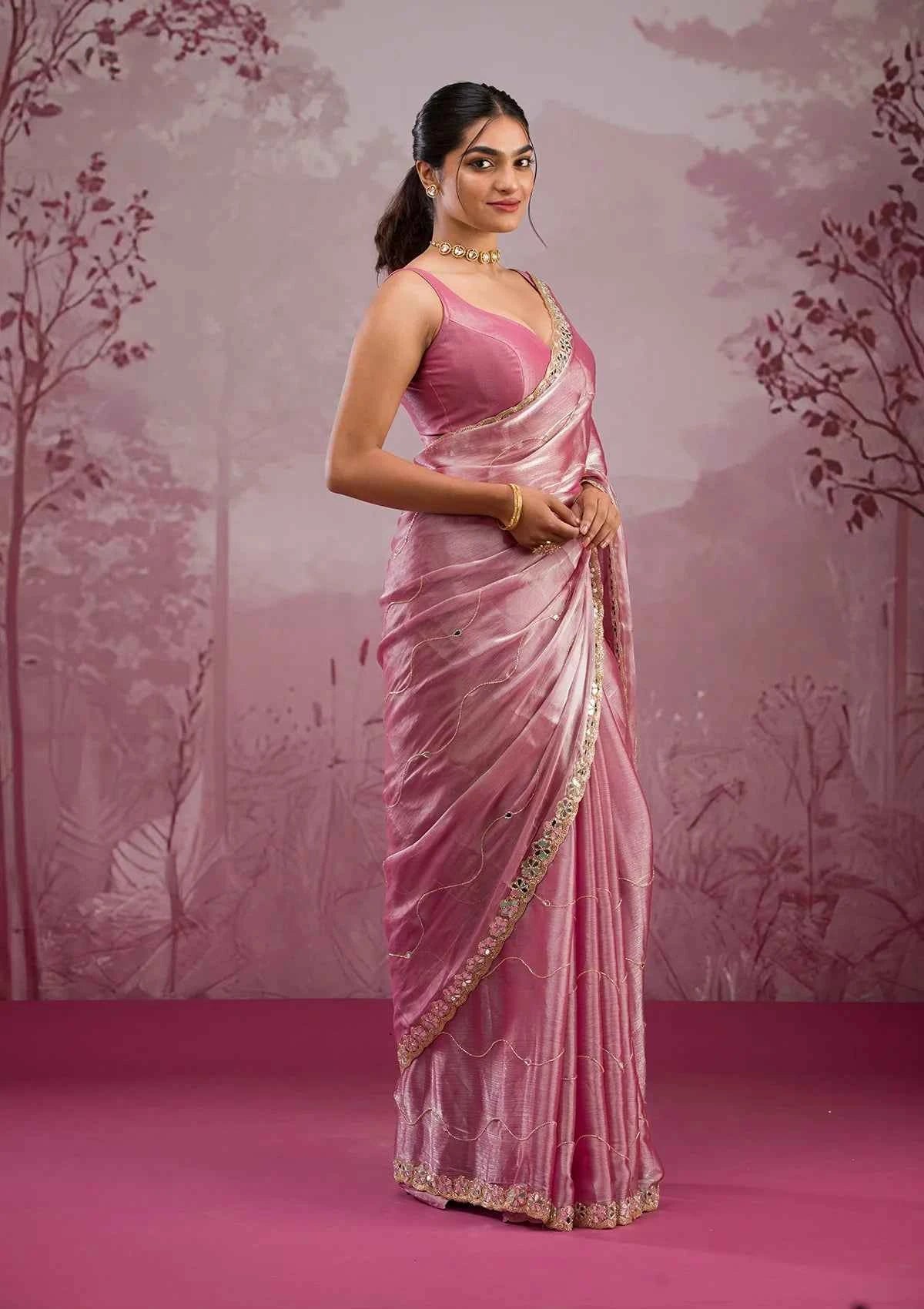 Nayoora Baby Pink Burberry Silk Saree – Real Mirror Work & Cutwork Border - Nayoora