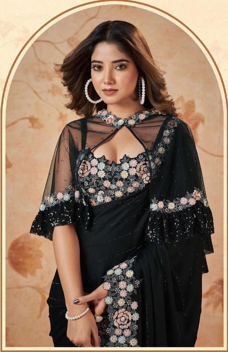 Black sheer pallu saree with floral appliques and beadwork around neckline