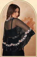 Black floral embellished saree with sheer back and lace-like sleeve detailing
