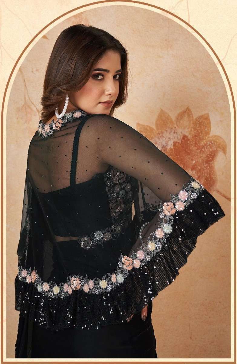 Black sheer sleeve saree with floral beadwork on shoulder and draped pallu