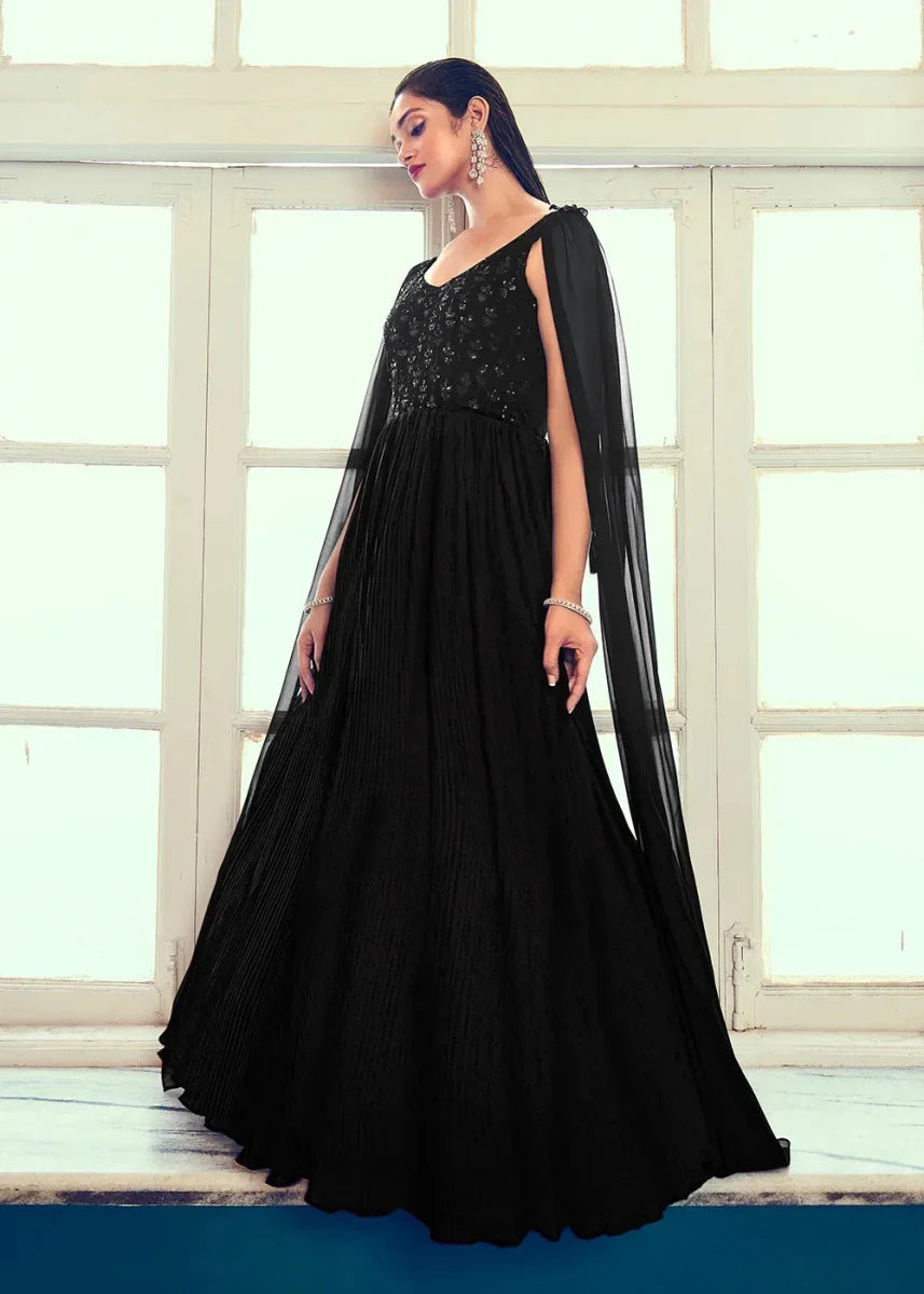 Nayoora Black Embroidered Georgette Long Gown - Nayoora