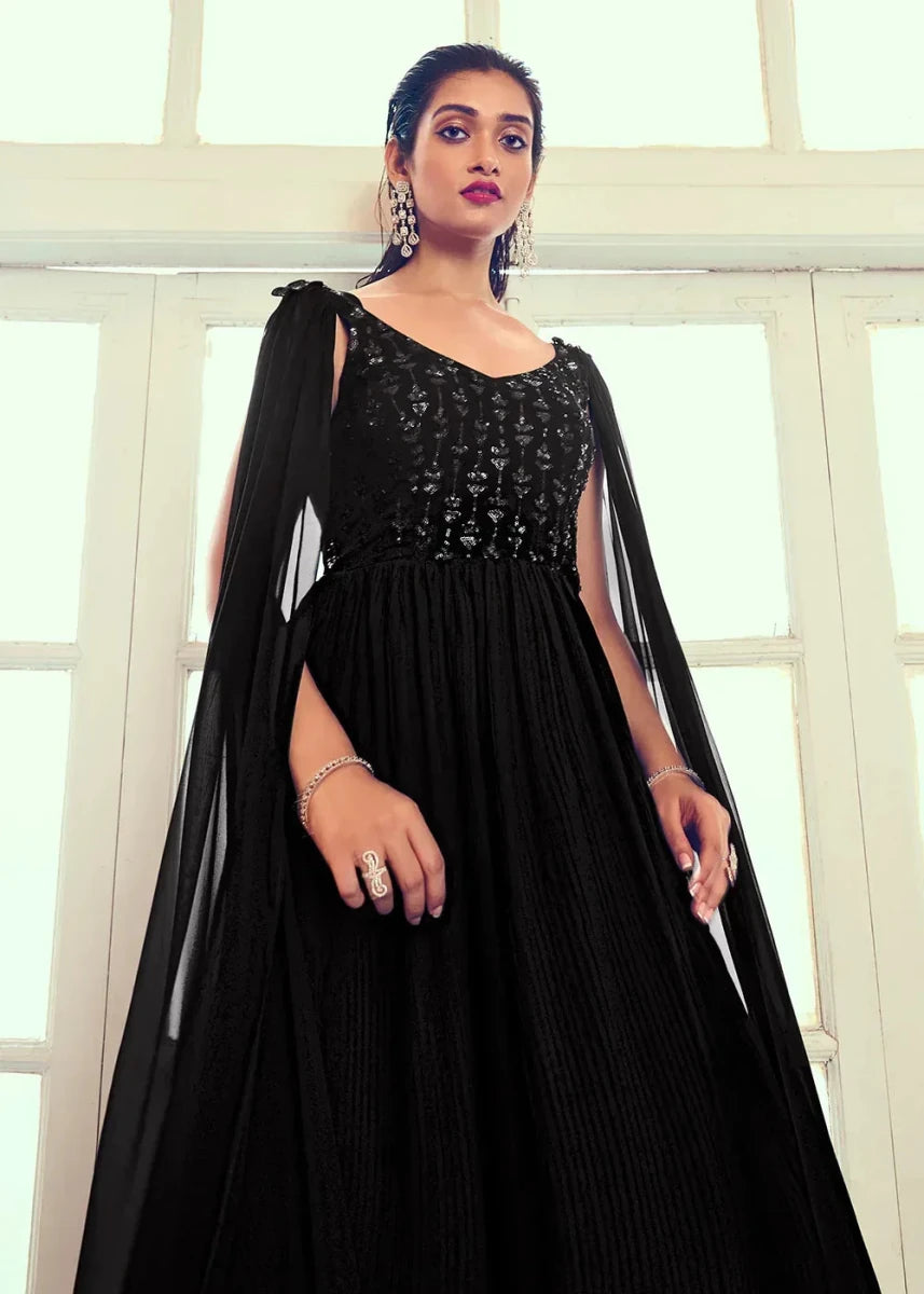 Nayoora Black Embroidered Georgette Long Gown - Nayoora