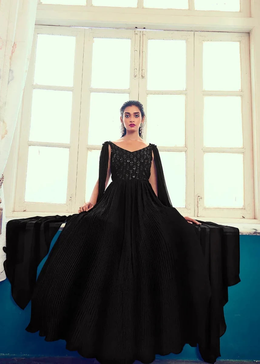 Nayoora Black Embroidered Georgette Long Gown - Nayoora