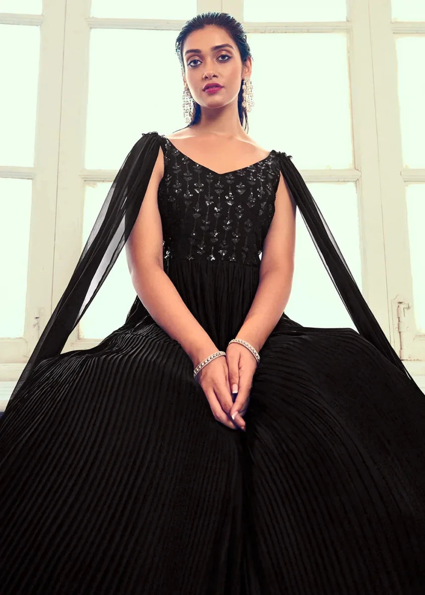 Nayoora Black Embroidered Georgette Long Gown - Nayoora