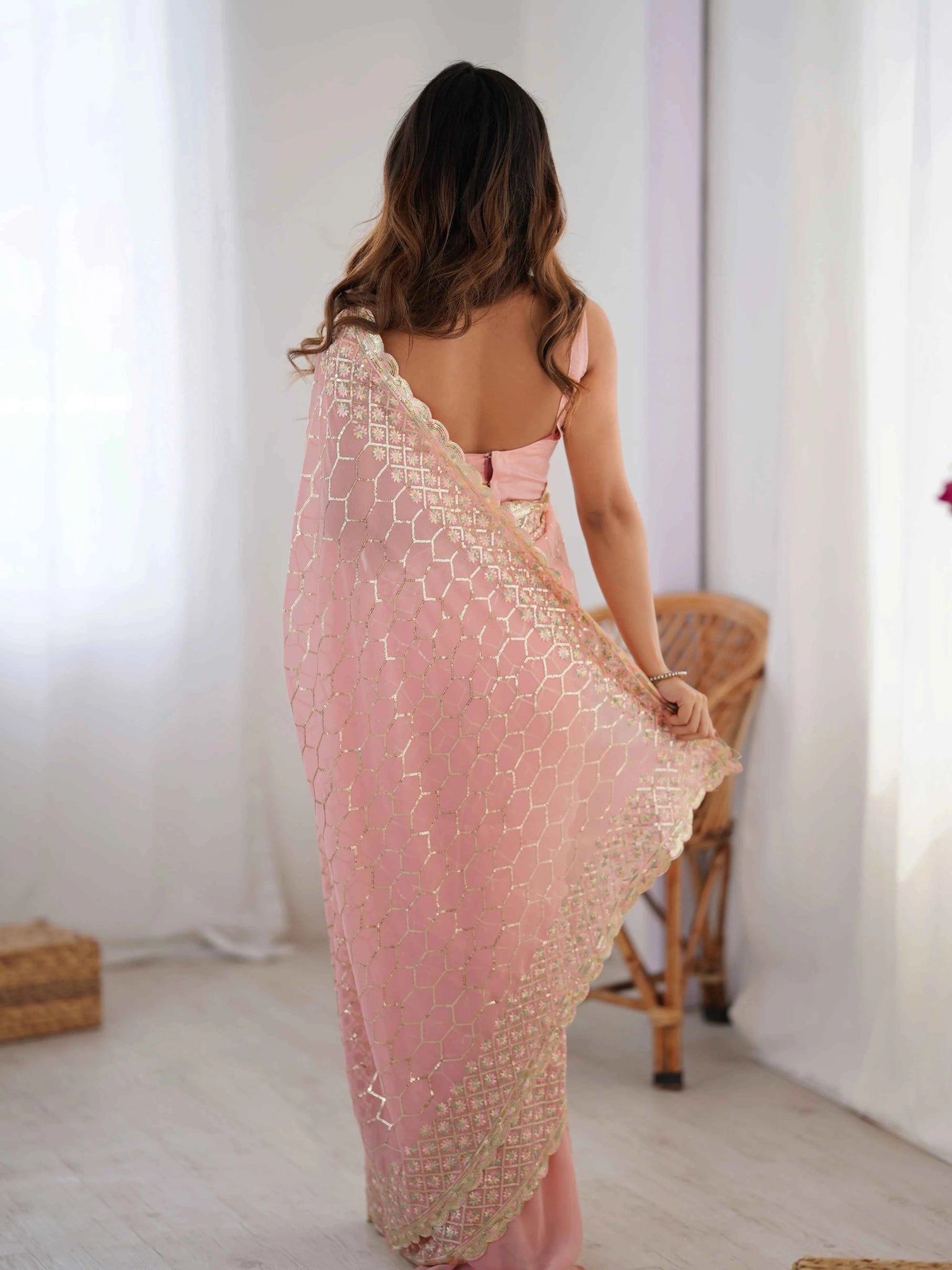 Nayoora Blush Pink Georgette Sequin Jaal Saree - Nayoora