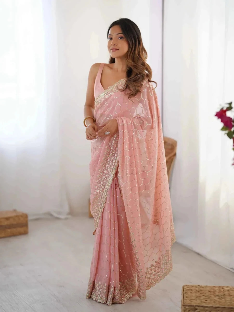Nayoora Blush Pink Georgette Sequin Jaal Saree - Nayoora