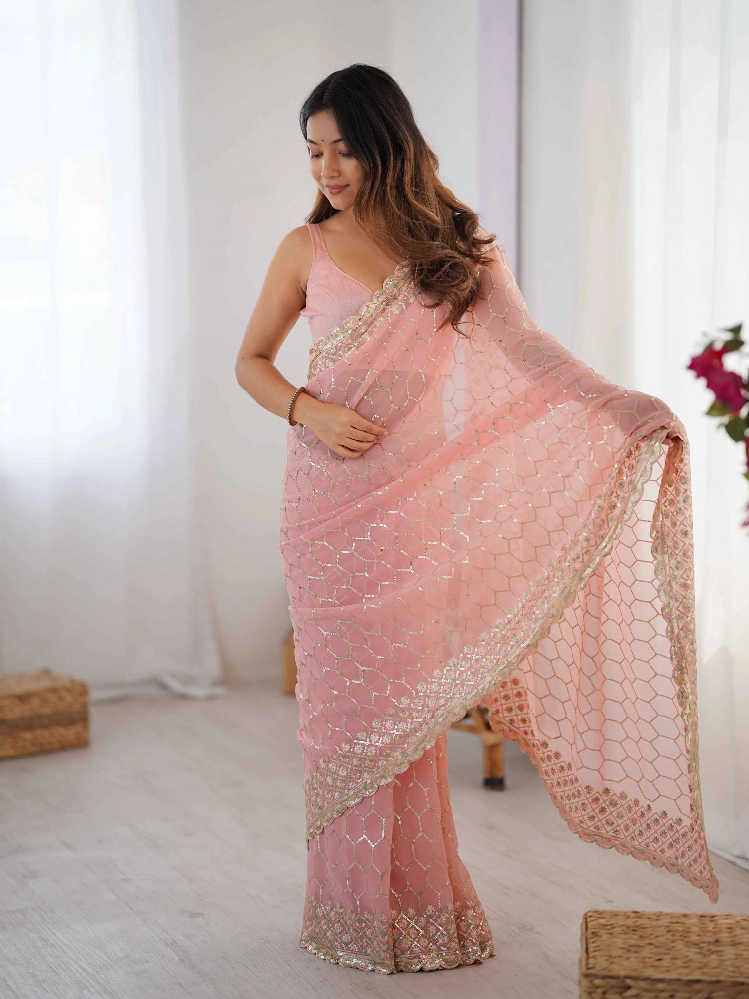 Nayoora Blush Pink Georgette Sequin Jaal Saree - Nayoora