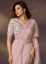 Blush pink ready-to-wear saree with floral embroidered short-sleeve blouse and drape