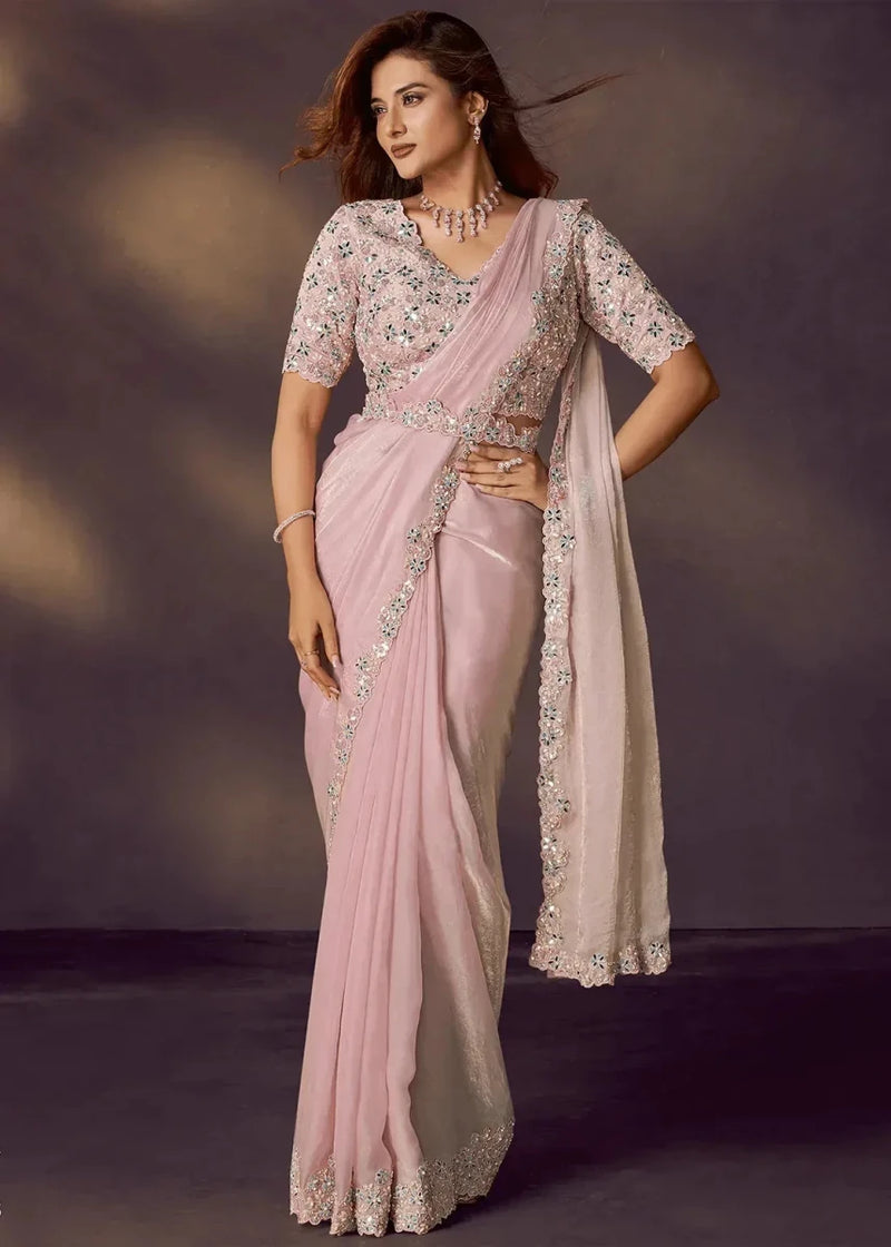 Blush pink ready-to-wear saree with embellished sheer border and floral bodice