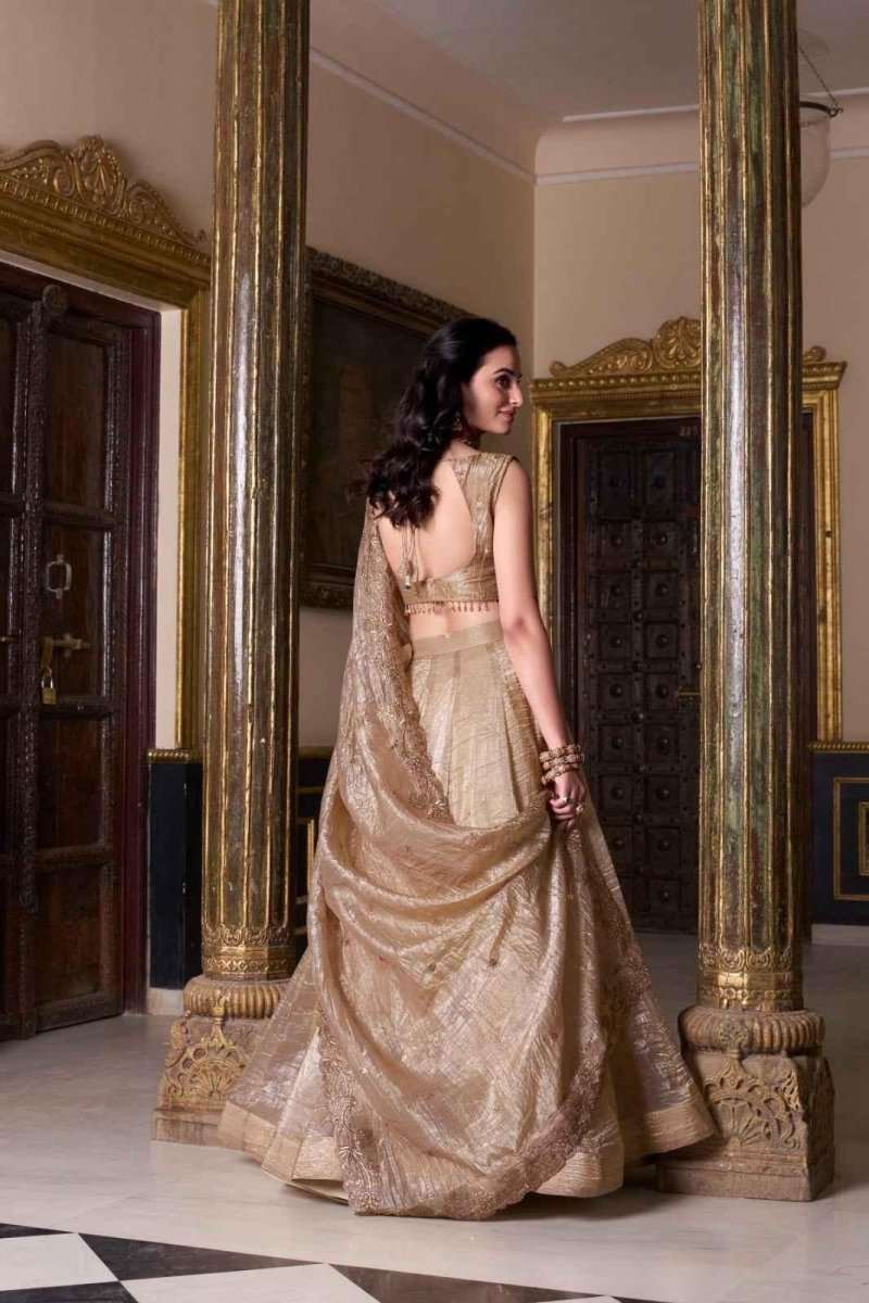 Gold embroidered sleeveless blouse with lehenga skirt and draped dupatta