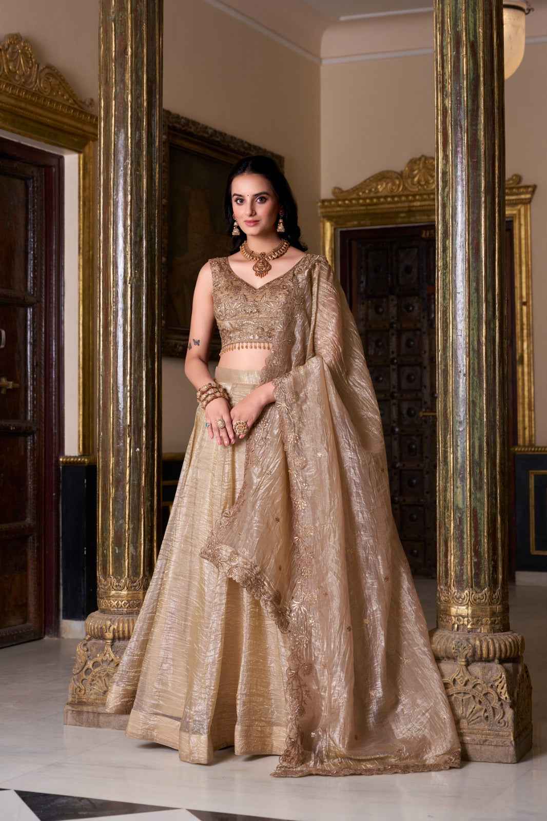 Nayoora Bridal Gold Crush Lehenga – Hand Embroidered Blouse & Dupatta Set - Nayoora