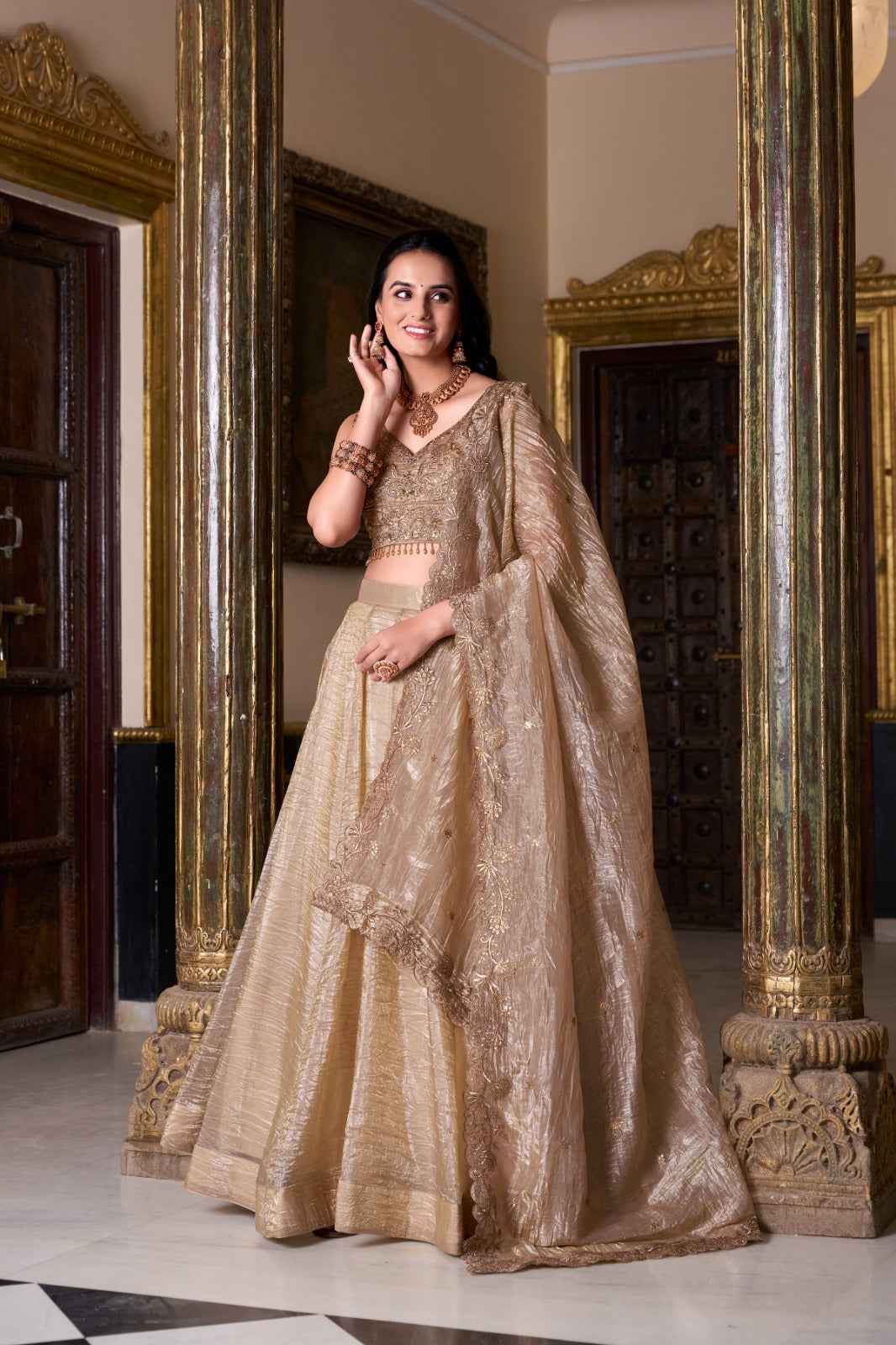 Nayoora Bridal Gold Crush Lehenga – Hand Embroidered Blouse & Dupatta Set - Nayoora