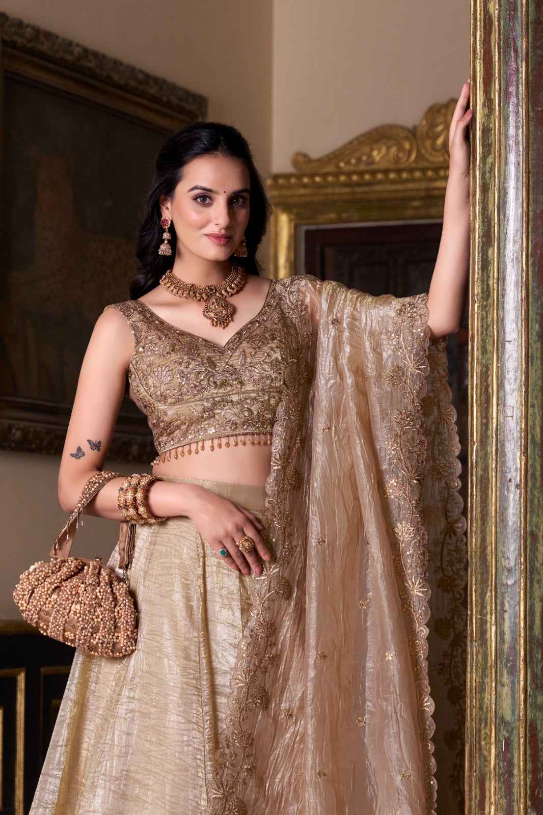 Nayoora Bridal Gold Crush Lehenga – Hand Embroidered Blouse & Dupatta Set - Nayoora