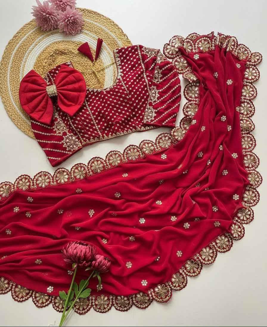 Nayoora Bridal Red Georgette Saree – Heavy Mirror Work & Scalloped Border - Nayoora