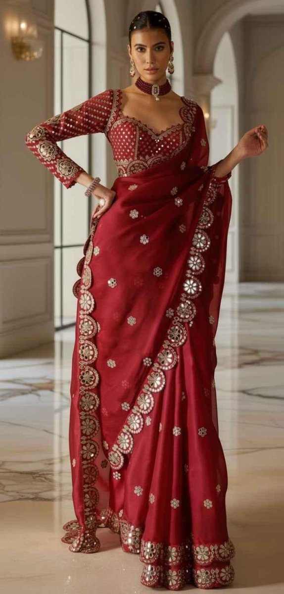 Nayoora Bridal Red Georgette Saree – Heavy Mirror Work & Scalloped Border - Nayoora