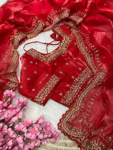Nayoora Bridal Red Jimmy Choo Saree – Sequin Zari Work & Stitched Blouse - Nayoora