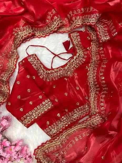 Nayoora Bridal Red Jimmy Choo Saree – Sequin Zari Work & Stitched Blouse - Nayoora
