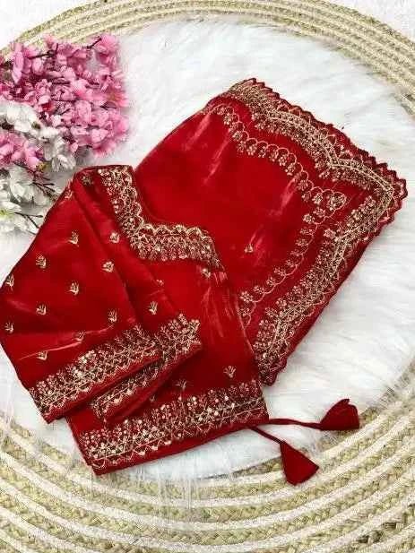 Nayoora Bridal Red Jimmy Choo Saree – Sequin Zari Work & Stitched Blouse - Nayoora