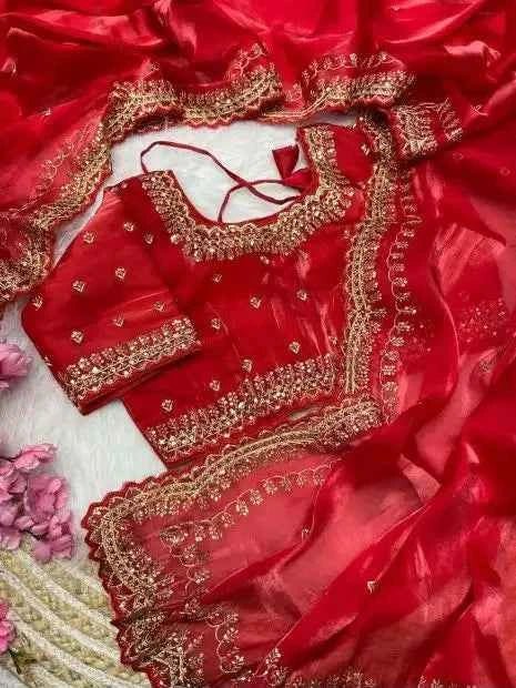 Nayoora Bridal Red Jimmy Choo Saree – Sequin Zari Work & Stitched Blouse - Nayoora