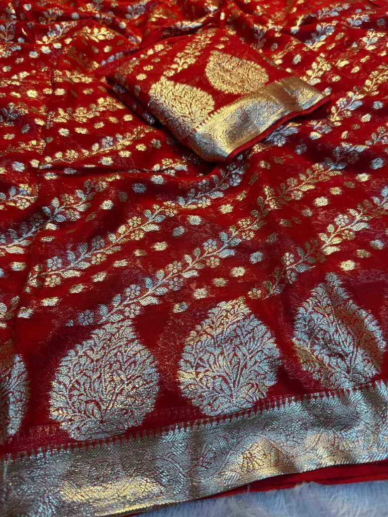 Nayoora Bridal Red Woven Georgette Saree – All - Over Zari Jacquard - Nayoora