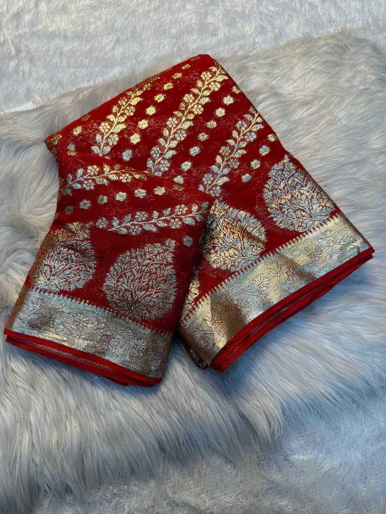 Nayoora Bridal Red Woven Georgette Saree – All - Over Zari Jacquard - Nayoora