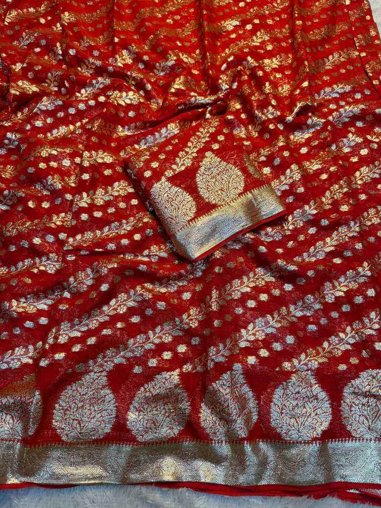 Nayoora Bridal Red Woven Georgette Saree – All - Over Zari Jacquard - Nayoora