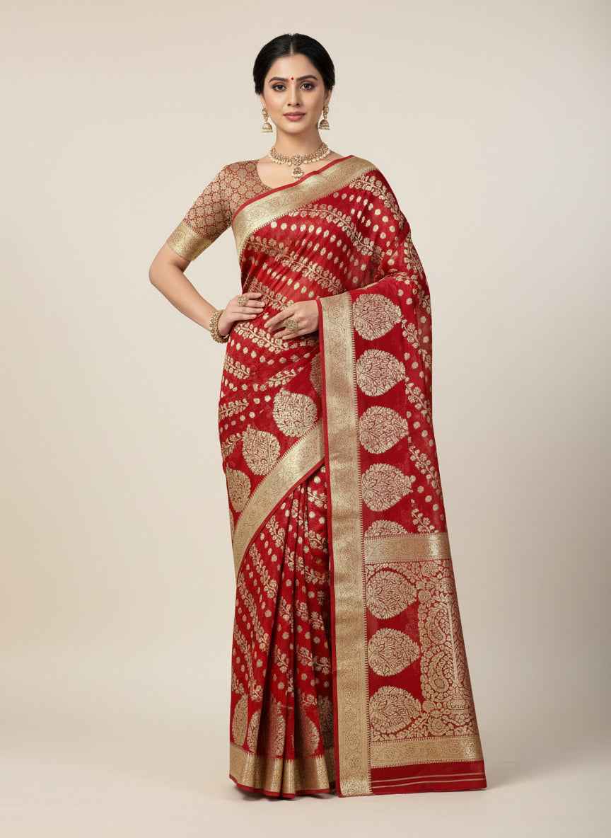 Nayoora Bridal Red Woven Georgette Saree – All - Over Zari Jacquard - Nayoora