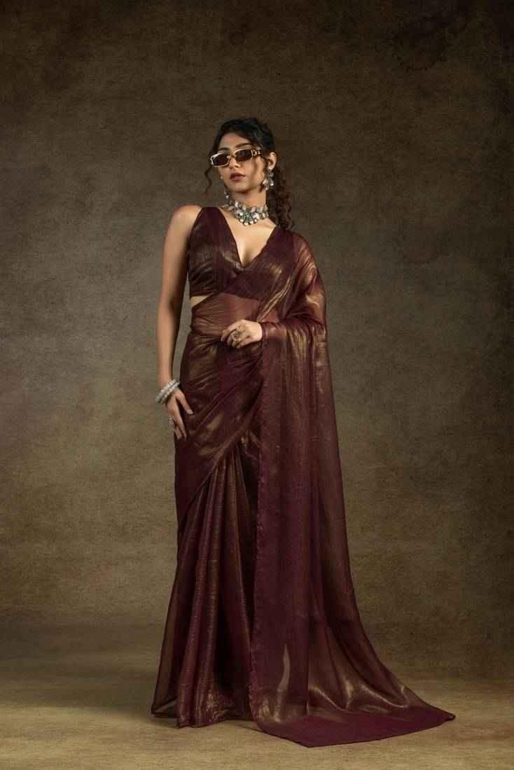 Nayoora Brown Gold Satin Chiffon Readymade Saree – Elegant Pre - Stitched Drape & Glossy Designer Finish - Nayoora