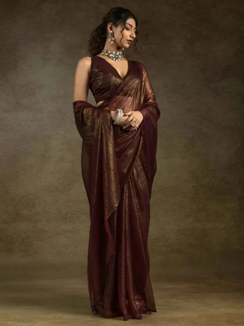 Dark brown satin chiffon saree with gold shimmer, front drape and V-neck blouse