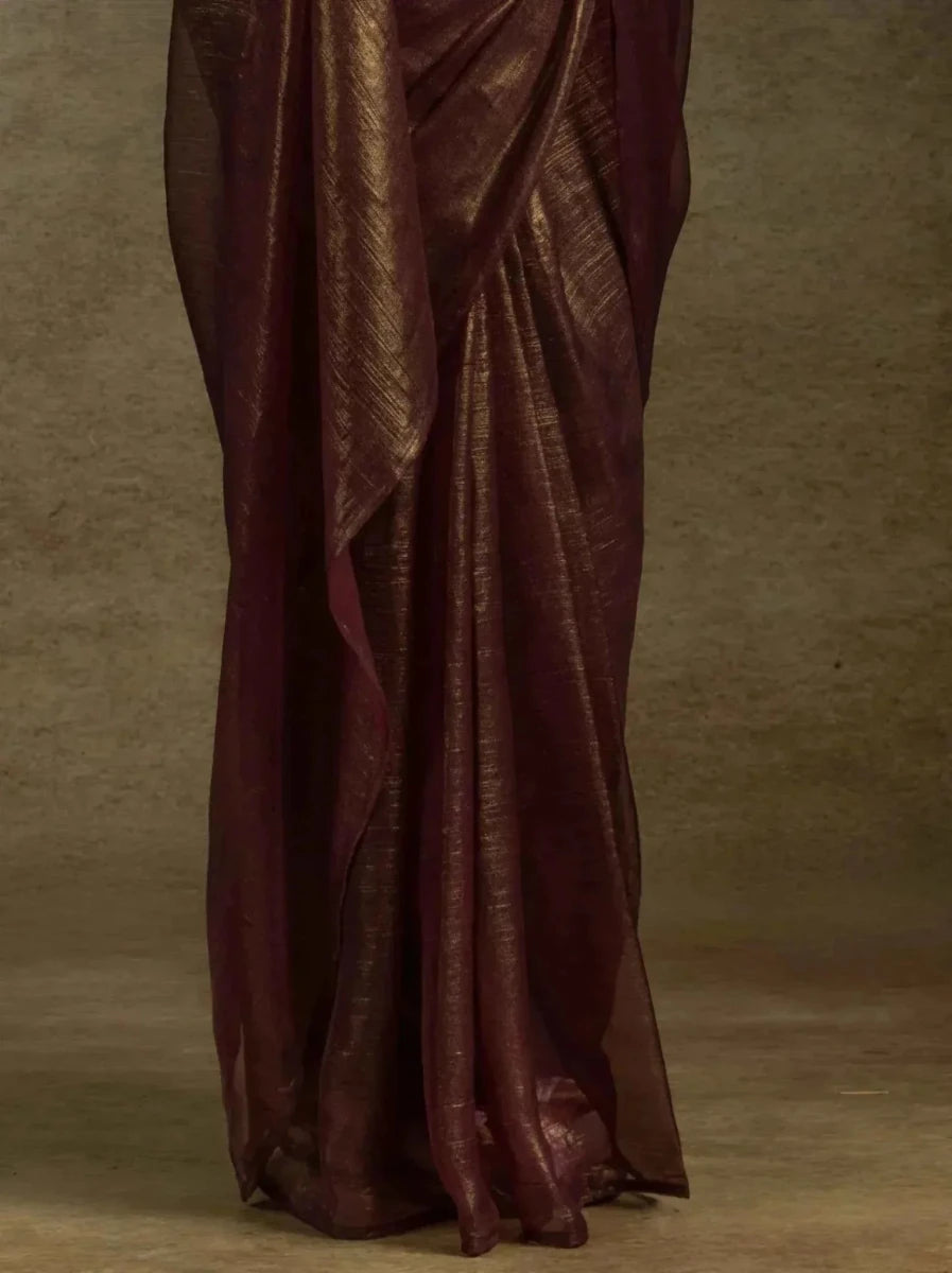Nayoora Brown Gold Satin Chiffon Readymade Saree – Elegant Pre - Stitched Drape & Glossy Designer Finish - Nayoora