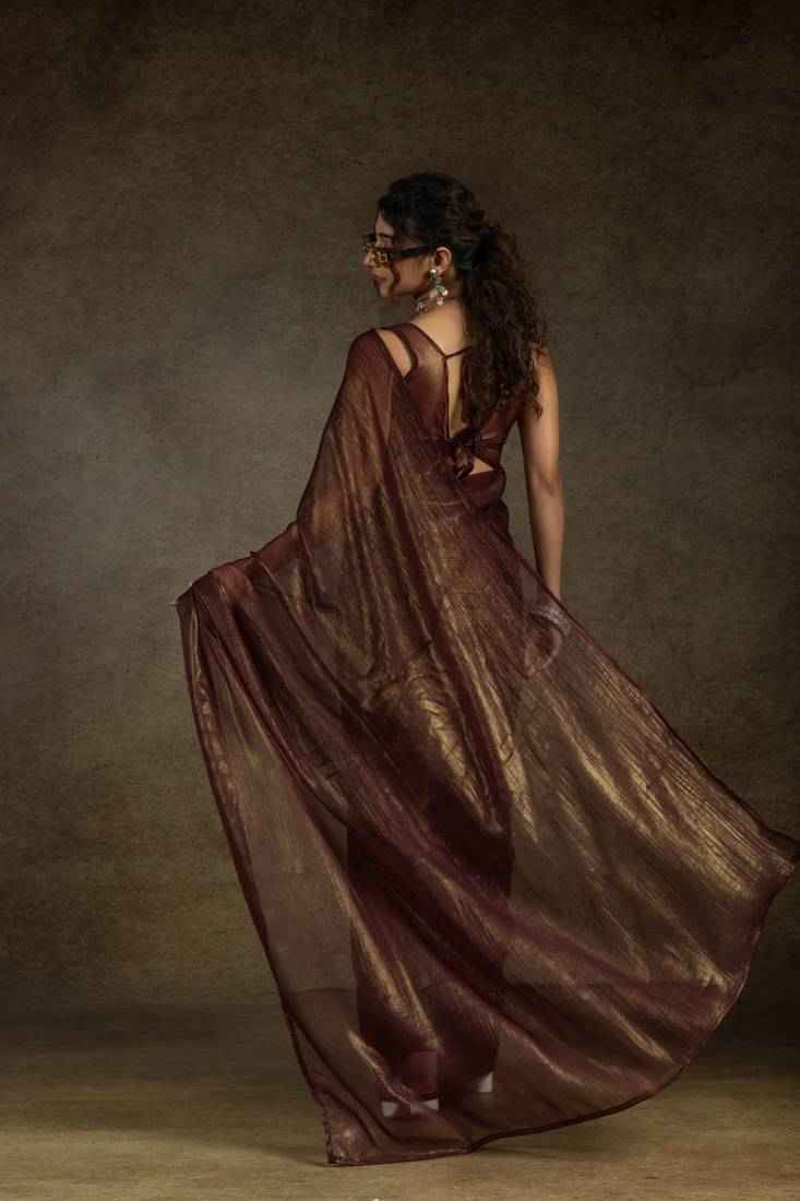 Nayoora Brown Gold Satin Chiffon Readymade Saree – Elegant Pre - Stitched Drape & Glossy Designer Finish - Nayoora