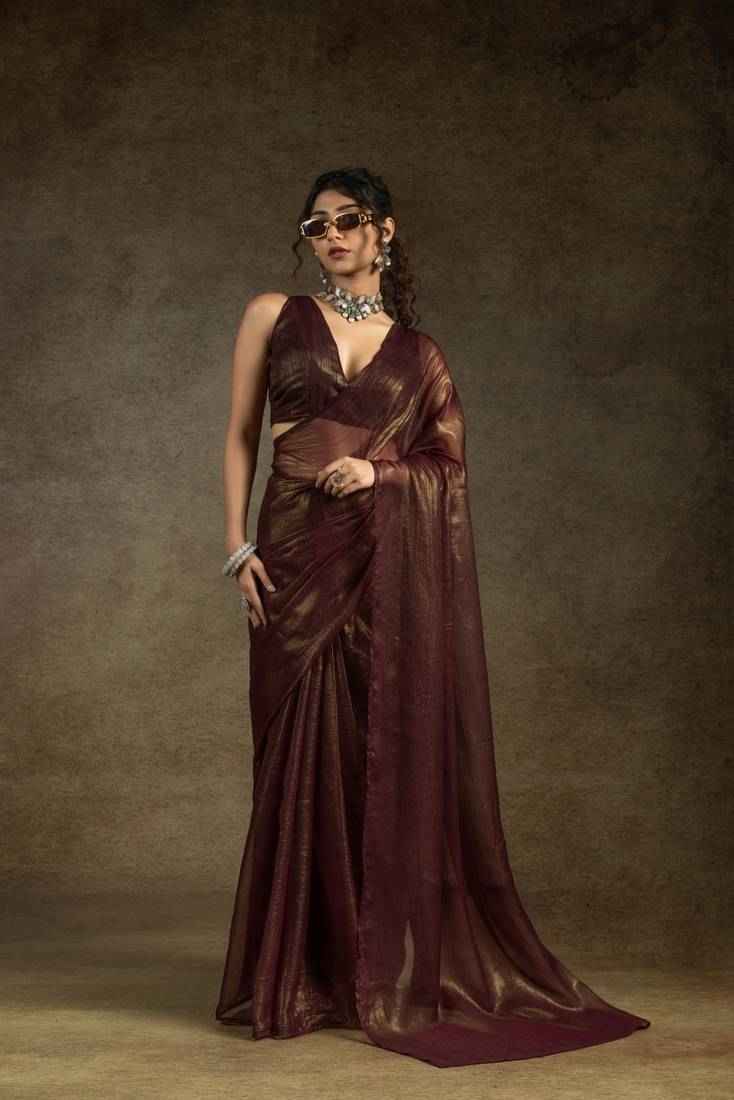 Nayoora Brown Gold Satin Chiffon Readymade Saree – Elegant Pre - Stitched Drape & Glossy Designer Finish - Nayoora