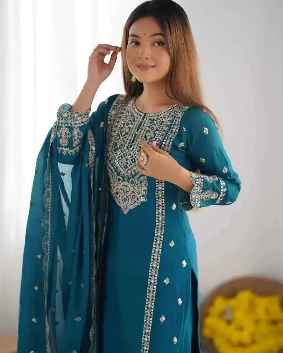 Teal embroidered kurta with detailed neckline and cuffs, dupatta in hand