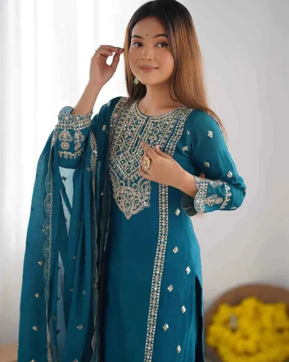 Nayoora Cerulean Embroidered Kurta Palazzo Set - Nayoora
