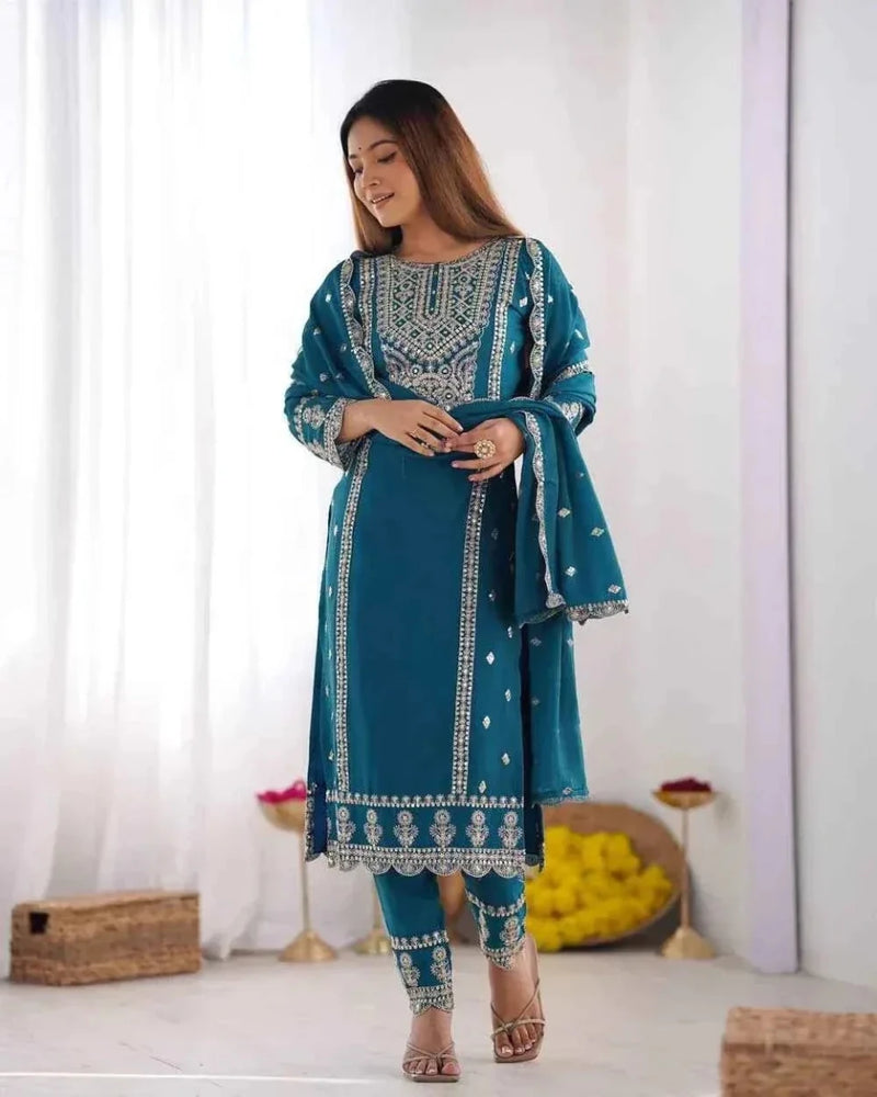 Embroidered teal kurta with matching palazzo pants and dupatta, front view
