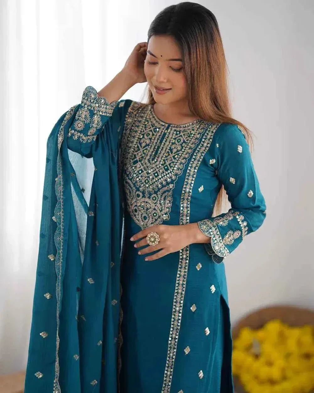 Nayoora Cerulean Embroidered Kurta Palazzo Set - Nayoora