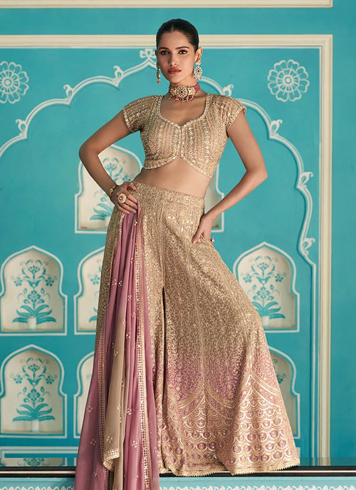 Nayoora Champagne Gold Embroidered Georgette Palazzo Suit Set - View 1