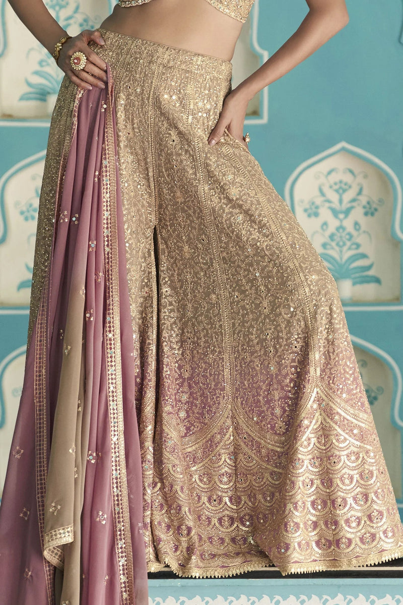 Nayoora Champagne Gold Embroidered Georgette Palazzo Suit Set - View 4